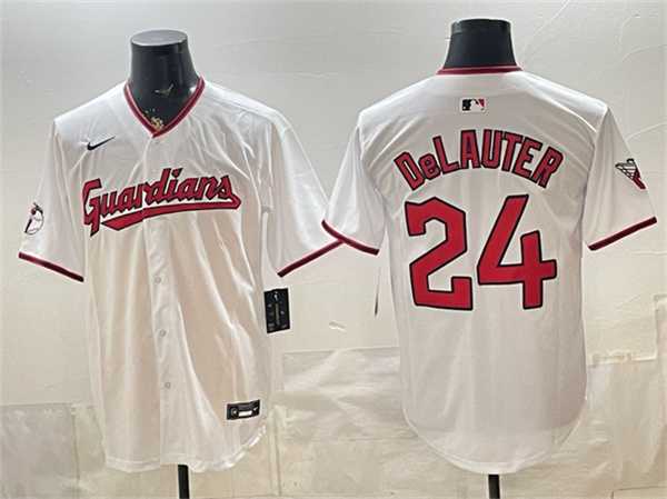 Mens Cleveland Guardians #24 Chase DeLauter White Home Limited Stitched Jersey