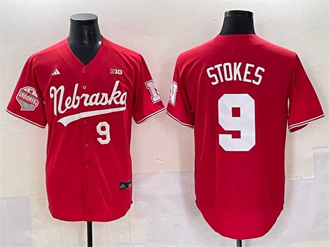 Mens Nebraska Huskers #9 Rhett Stokes Red Back-2-Back Champions Patch Vapor Premier Limited Stitched Jersey