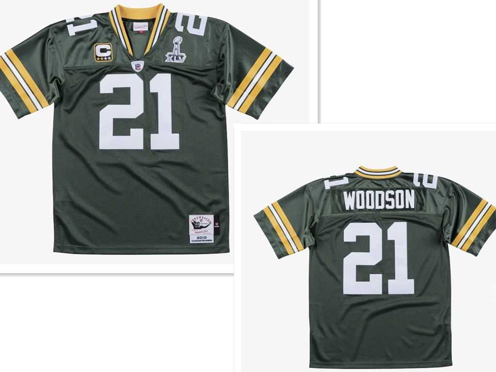 Mens Green Bay Packers #21 Charles Woodson Green With 2-star captains patch and Super Bowl XLV patch 2010 Throwback Jersey