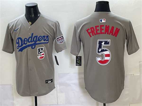 Mens Los Angeles Dodgers #5 Freddie Freeman Gray 250 Fourth of July Road Stitched Jersey Dzhi