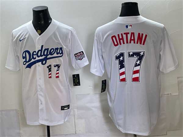 Mens Los Angeles Dodgers #17 Shohei Ohtani White 250 Fourth of July Home Stitched Jersey Dzhi