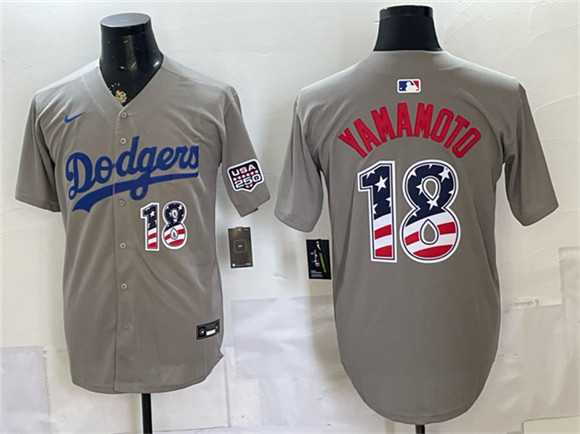 Mens Los Angeles Dodgers #18 Yoshinobu Yamamoto Gray USA 250 Fourth of July Stitched Jersey Dzhi