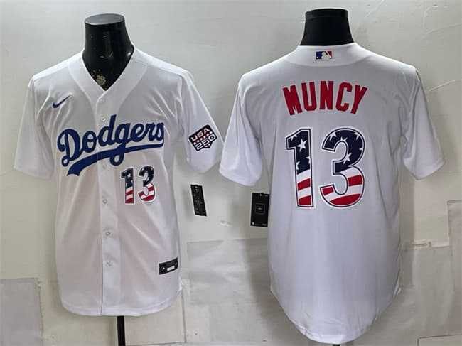 Mens Los Angeles Dodgers #13 Max Muncy White USA 250 Fourth of July Home Stitched Jersey Dzhi