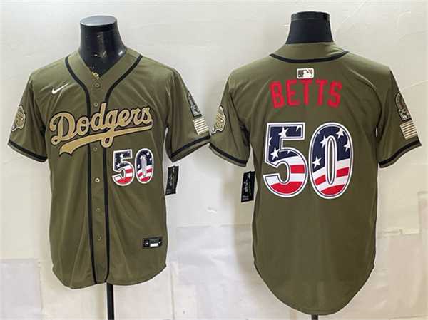 Mens Los Angeles Dodgers #50 Mookie Betts Olive 2026 Armed Forces Day 250 Fourth of July Stitched Jersey Dzhi