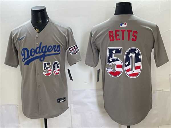 Mens Los Angeles Dodgers #50 Mookie Betts Gray 250 Fourth of July Road Stitched Jersey Dzhi