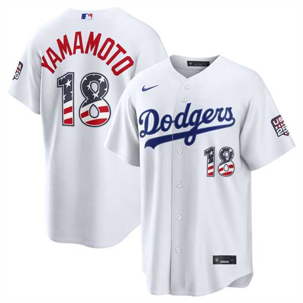 Mens Los Angeles Dodgers #18 Yoshinobu Yamamoto White USA 250 Fourth of July Home Stitched Jersey Dzhi