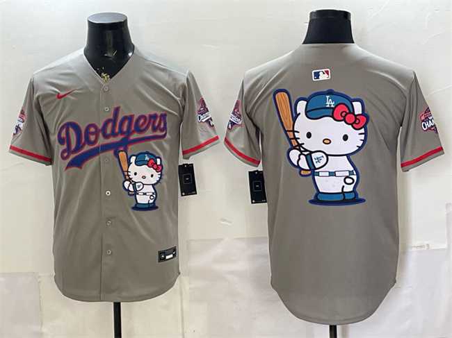 Mens Los Angeles Dodgers Team Big Logo Grey Hello Kitty Night 2025 World Series Champions Patch Stitched Jersey Dzhi