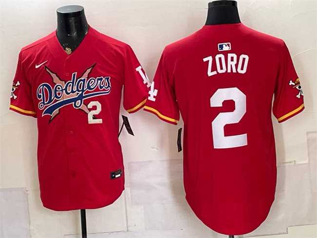 Mens Los Angeles Dodgers x One Piece #2 Zoro Red Vapor Premier Limited Stitched Jersey