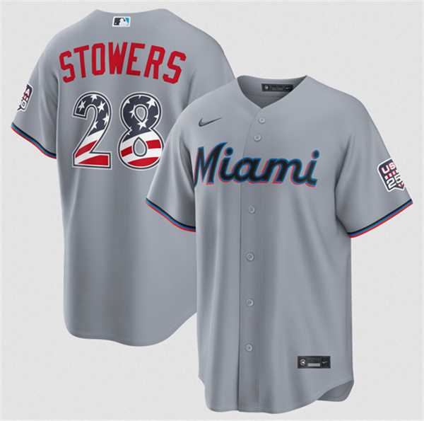 Mens Miami Marlins #28 Kyle Stowers Gray USA 250 Fourth of July Home Stitched Jersey Dzhi