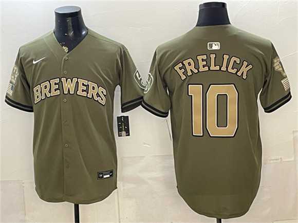 Mens Milwaukee Brewers #10 Sal Frelick Olive 2026 Armed Forces Day Stitched Jersey Dzhi