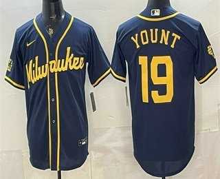 Mens Milwaukee Brewers #19 Robin Yount Navy Blue Stitched Cool Base Jersey