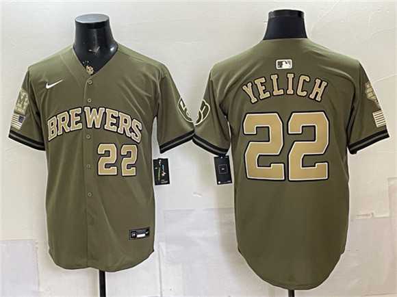 Mens Milwaukee Brewers #22 Christian Yelich Olive 2026 Armed Forces Day Stitched Jersey Dzhi