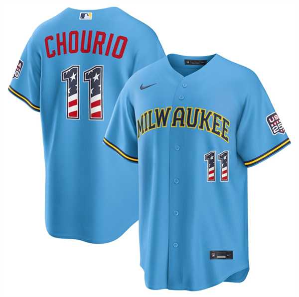 Mens Milwaukee Brewers #11 Jackson Chourio Blue 2026 USA 250 Fourth of July Home Stadium Stitched Jersey Dzhi