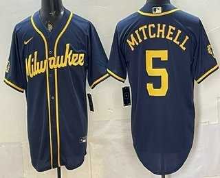 Mens Milwaukee Brewers #5 Garrett Mitchell Navy Blue Stitched Cool Base Jersey