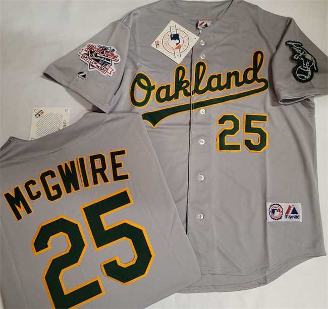 Mens Oakland Athletics #25 Mark McGwire Grey With Green Elephant & 1989 World Series Patch Battle of the Bay Stitched Jersey