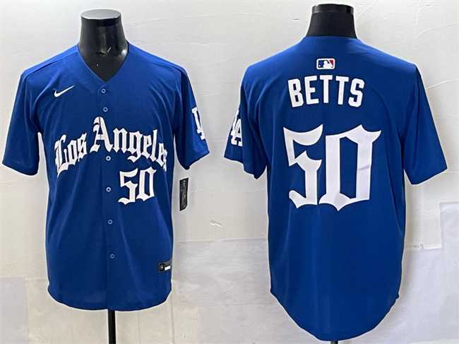 Mens Los Angeles Dodgers #50 Mookie Betts Blue 2025 LA Gothic Style With Fernando Patch Vapor Premier Limited Stitched Jersey