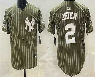 Mens New York Yankees #2 Derek Jeter Olive Pinstripe 2026 Armed Forces Day Salute To Service Jersey Dzhi