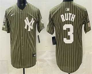Mens New York Yankees #3 Babe Ruth Olive Pinstripe 2026 Armed Forces Day Salute To Service Jersey Dzhi