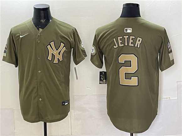Mens New York Yankees #2 Derek Jeter Olive 2026 Armed Forces Day Stitched Jersey Dzhi