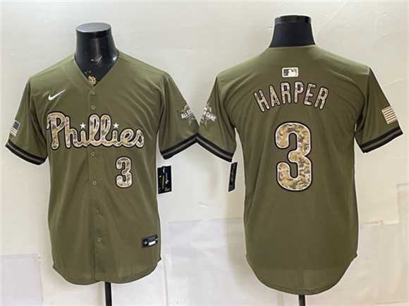 Mens Philadelphia Phillies #3 Bryce Harper Olive 2026 Armed Forces Day Stitched Jersey Dzhi