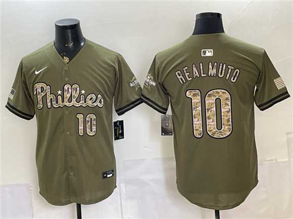 Mens Philadelphia Phillies #10 J.T. Realmuto Olive 2026 Armed Forces Day Stitched Jersey Dzhi