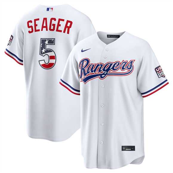 Mens Texas Rangers #5 Corey Seager White 2026 USA 250 Fourth of July Home Stitched Jersey Dzhi