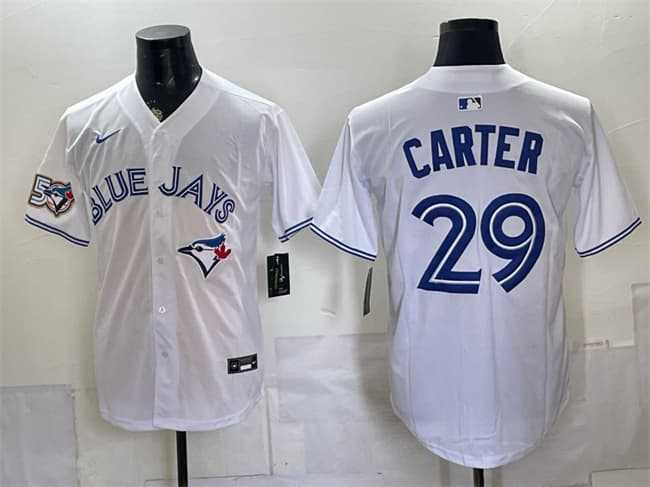 Mens Toronto Blue Jays #29 Joe Carter White 50 Seasons Patch Stitched Jersey