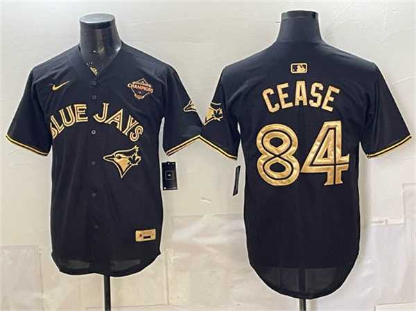 Mens Toronto Blue Jays #84 Dylan Cease Black Gold 2025 American League Champions Limited Stitched Jersey Dzhi