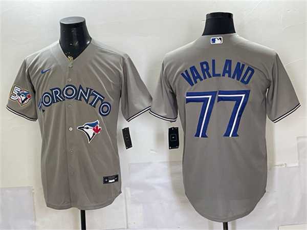 Mens Toronto Blue Jays #77 Louis Varland Gray 50 Seasons Patch Stitched Jersey