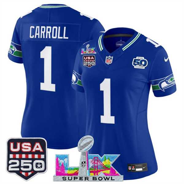 Womens Seattle Seahawks #1 Pete Carroll Royal 2025 F.U.S.E. Super Bowl LX Patch And 50th Season & USA 250 Patch Vapor Throwback Limited Stitched Jersey
