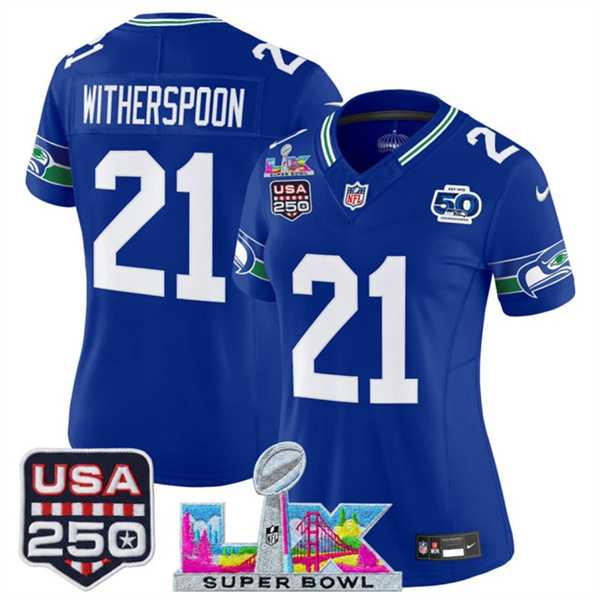 Womens Seattle Seahawks #21 Devon Witherspoon Royal 2025 F.U.S.E. Super Bowl LX Patch And 50th Season & USA 250 Patch Vapor Throwback Limited Stitched Jersey