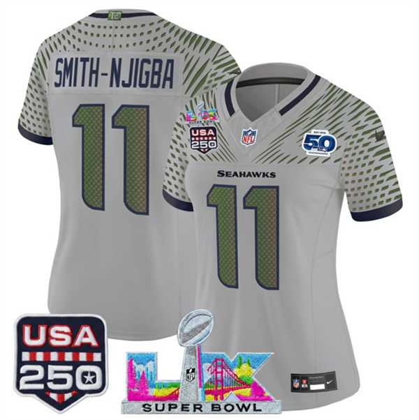 Womens Seattle Seahawks #11 Jaxon Smith-Njigba Gray 2025 F.U.S.E. Super Bowl LX & US 250th anniversary Patch And 50th Season Patch Rivalries Vapor Limited Stitched Jersey