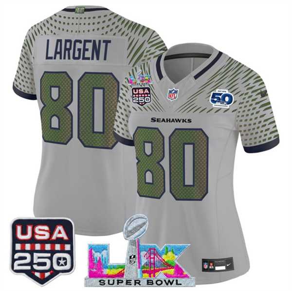 Womens Seattle Seahawks #80 Steve Largent Gray 2025 F.U.S.E. Super Bowl LX & US 250th anniversary Patch And 50th Season Patch Rivalries Vapor Limited Stitched Jersey