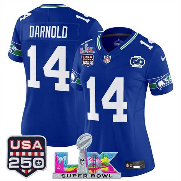 Womens Seattle Seahawks #14 Sam Darnold Royal 2025 F.U.S.E. Super Bowl LX Patch And 50th Season & USA 250 Patch Vapor Throwback Limited Stitched Jersey