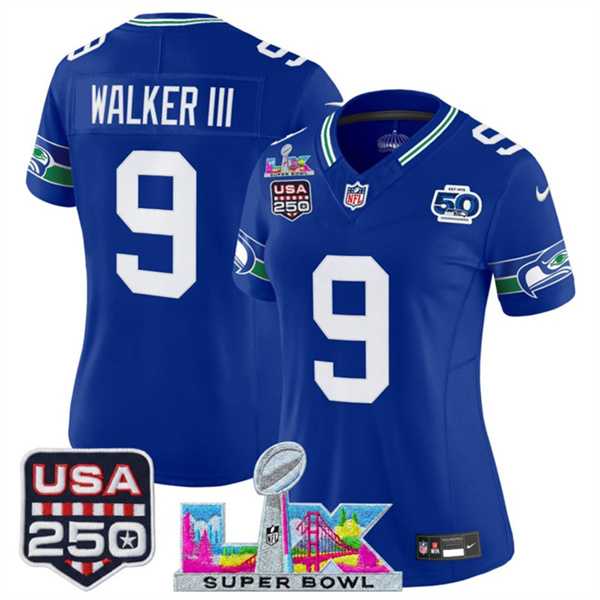 Womens Seattle Seahawks #9 Kenneth Walker III Royal 2025 F.U.S.E. Super Bowl LX Patch And 50th Season & USA 250 Patch Vapor Throwback Limited Stitched Jersey