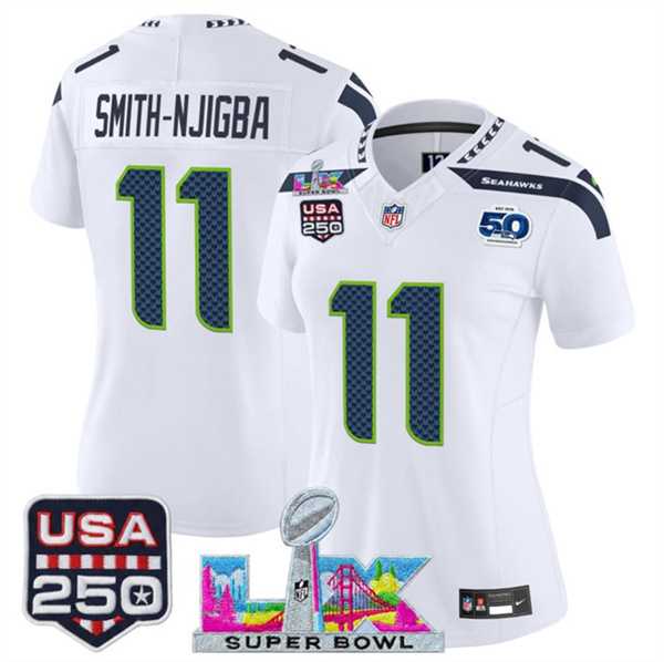 Womens Seattle Seahawks #11 Jaxon Smith-Njigba White 2025 F.U.S.E. Super Bowl LX Patch And 50th Season & USA 250 Patch Vapor Limited Stitched Jersey