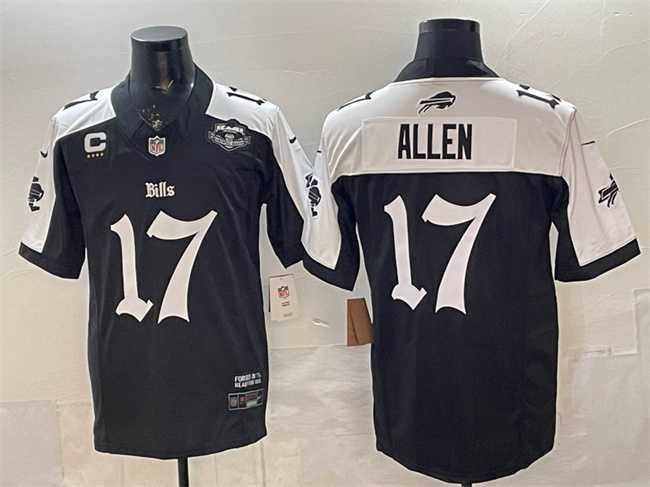 Mens Buffalo Bills #17 Josh Allen Black White 2025 F.U.S.E. Gothic Cold Front Edition With Farewell Patch & 4-Star C Patch Vapor Limited Stitched Jersey