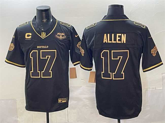 Mens Buffalo Bills #17 Josh Allen Black Gold 2025 F.U.S.E. Rivalries With Farewell Patch & 4-Star C Patch Vapor Limited Stitched Jersey
