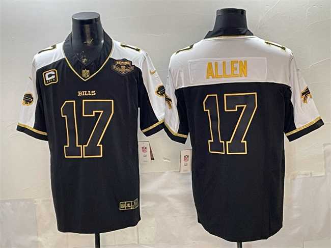 Mens Buffalo Bills #17 Josh Allen Black Gold 2025 F.U.S.E. With Farewell Patch & 4-Star C Patch Vapor Limited Stitched Jersey