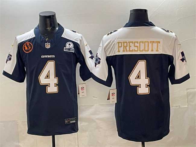 Mens Dallas Cowboys #4 Dak Prescott Navy F.U.S.E. With John Madden Patch & Established In 1960 Patch Thanksgiving Vapor Limited Stitched Jersey
