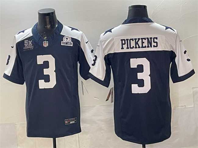Mens Dallas Cowboys #3 George pickens Navy F.U.S.E. With 5x Super Bowl Champions & Established In 1960 Patch Thanksgiving Vapor Limited Stitched Jersey