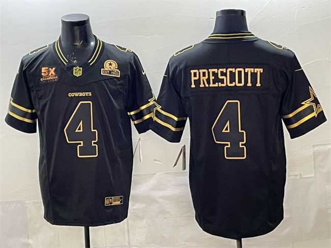 Mens Dallas Cowboys #4 Dak Prescott Black Gold 2025 F.U.S.E. With 5x Super Bowl Champions & Established In 1960 Patch Vapor Limited Stitched Jersey
