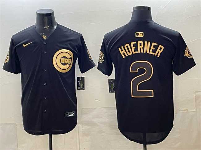 Mens Chicago Cubs #2 Nico Hoerner Black Gold 150th Anniversary Patch Stitched Jersey Dzhi