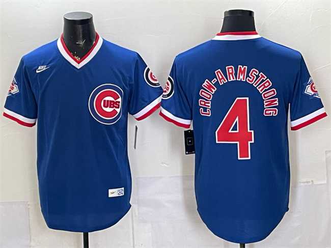Mens Chicago Cubs #4 Pete Crow-Armstrong Royal 150th Anniversary Throwback Vapor Limited Stitched Jersey