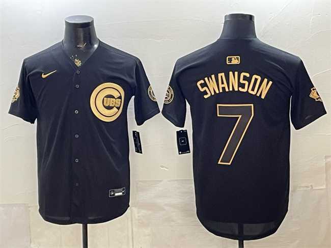 Mens Chicago Cubs #7 Dansby Swanson Black Gold 150th Anniversary Patch Stitched Jersey Dzhi