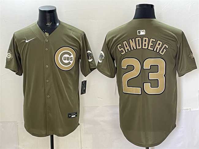 Mens Chicago Cubs #23 Ryne Sandberg Olive 2026 Armed Forces Day Stitched Jersey Dzhi