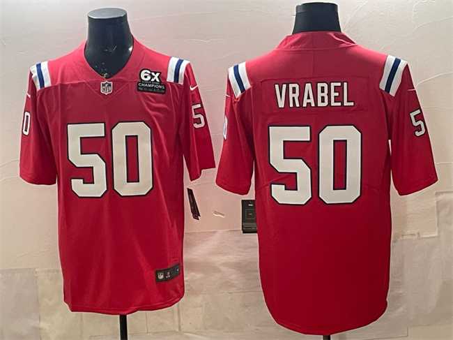 Mens New England Patriots #50 Mike Vrabel Red With 6x Super Bowl Champions Patch Vapor Limited Stitched Jersey