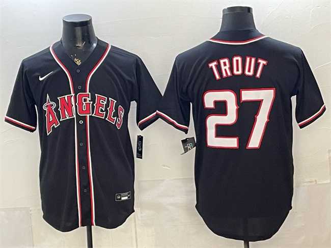 Mens Los Angeles Angels #27 Mike Trout 2026 Fashion Replica Black Out Stitched Jersey