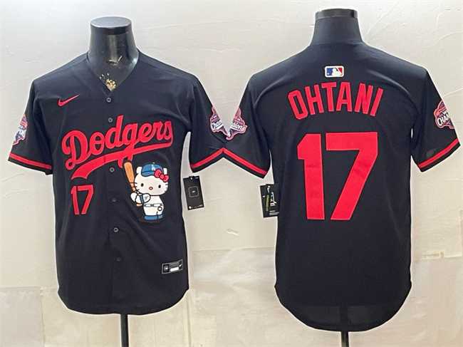 Mens Los Angeles Dodgers #17 Shohei Ohtani Black Hello Kitty Night 2025 World Series Champions Patch Stitched Jersey Dzhi
