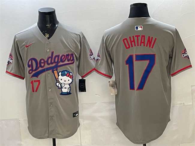 Mens Los Angeles Dodgers #17 Shohei Ohtani Grey Hello Kitty Night 2025 World Series Champions Patch Stitched Jersey Dzhi